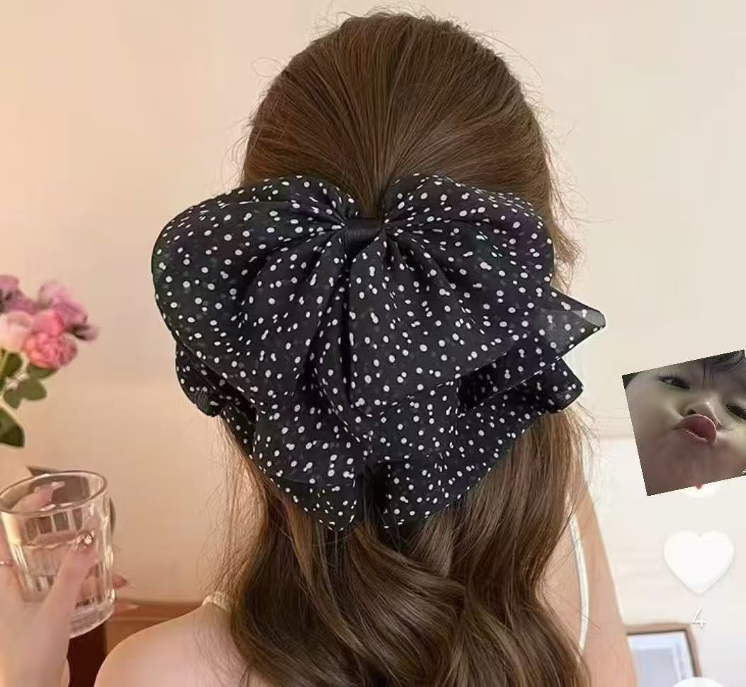 Travel Accessories Aesthetic - กิ๊บติดผมรูปฉลามโบว์ใหญ่ลายจุดสีดำใหม่ปี 2026 สำหรับผู้หญิง กิ๊บหนีบผมผ้าชีฟองสุดหรู แฟชั่นเครื่องประดับผมด้านหลัง